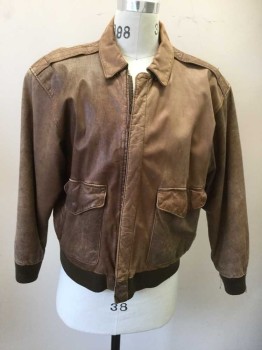 Mens, Jacket, GLOBAL IDENTITY G3, Brown, Leather, Nylon, Solid, M/38, Zip Front, Collar Attached, Epaulets, 4 Pockets, Ribbed Knit Waistband/Cuff, Dusty/Dirty