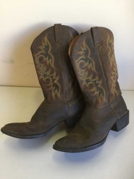 Mens, Cowboy Boots , JUSTIN, Brown, Yellow, Orange, Leather, Solid, 11.5, Brown Leather with Yellow and Orange Feather Embroidery, Aged