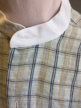 Childrens, Shirt 1890s-1910s, CHRIS SHIRT, Lt Blue, Navy Blue, Mustard Yellow, White, Linen, Cotton, Plaid-  Windowpane, Slv:26, N:14.5, Boys, Light Blue with Navy, Mustard, Light Blue Windowpane Linen, Long Sleeves, Button Holes for Studs/Button Front, Solid White Cotton Band Collar, Bib Panel at Front, French Cuffs,