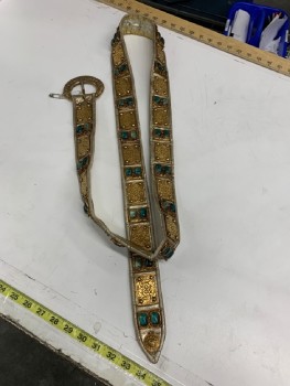Unisex, Historical Fiction Belt, N/L, Gold, Green, Leather, Metallic/Metal, Geometric, Floral, Shimmer Gold W/gold carved Flower Rectangle & Multi Green Stone Inlay Piece Attached W/gold Buckle,