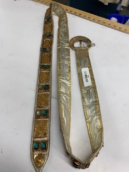 Unisex, Historical Fiction Belt, N/L, Gold, Green, Leather, Metallic/Metal, Geometric, Floral, Shimmer Gold W/gold carved Flower Rectangle & Multi Green Stone Inlay Piece Attached W/gold Buckle,
