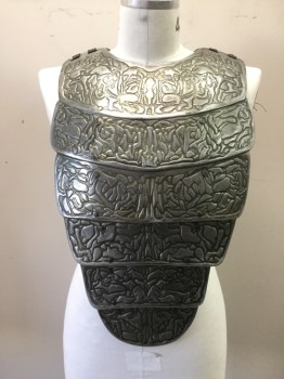 Mens, Breastplate, ROBERT ALLSOPP, Pewter Gray, Black, Fiberglass, Abstract , O/S, Rigid Embossed Plates, Rivited to Leather Straps, Leather Snap Straps at Shoulders
