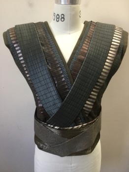 MTO, Copper Metallic, Teal Blue, Gold, Tobacco Brown, Charcoal Gray, Polyester, Leather, Abstract , Geometric, Egyptian Guard, Big Shoulder Pads, Velcro Side Closures Multiples, Vest, Tunic, Breastplate, with Belt Attached