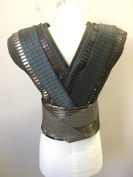 MTO, Copper Metallic, Teal Blue, Gold, Tobacco Brown, Charcoal Gray, Polyester, Leather, Abstract , Geometric, Egyptian Guard, Big Shoulder Pads, Velcro Side Closures Multiples, Vest, Tunic, Breastplate, with Belt Attached
