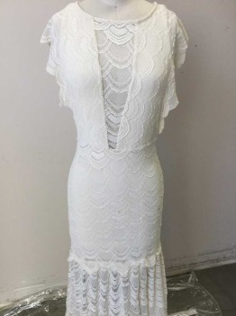 NIGHT CAP, Cream, Polyester, Viscose, Novelty Pattern, Cream Vertical Scale Lace Upper Top W/no Lining horizontal Scale Lace Deep V-neck Front & Back, Cap Sleeves, Self 3 Tiers Skirt, Pull Over