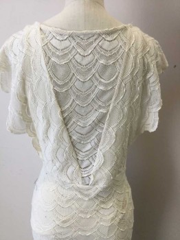 NIGHT CAP, Cream, Polyester, Viscose, Novelty Pattern, Cream Vertical Scale Lace Upper Top W/no Lining horizontal Scale Lace Deep V-neck Front & Back, Cap Sleeves, Self 3 Tiers Skirt, Pull Over