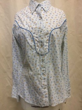 Womens, Shirt, WRANGLER, White, Blue, Yellow, Brown, Polyester, Cotton, Stripes, Floral, S, White, Blue Stripes, Yellow/ Brown/blue Floral Print, Blue Piping Trim, Snap Front, Collar Attached, Long Sleeves,
