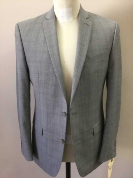 BAR III, Lt Gray, Gray, Wool, Polyester, Plaid-  Windowpane, Single Breasted, 2 Buttons,  Notched Lapel,