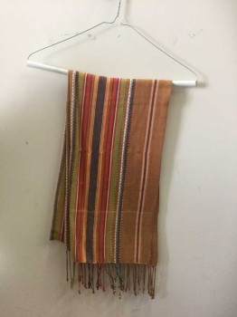 Womens, Shawl, Red, Orange, Lime Green, Brown, Cotton, Stripes, See Photo