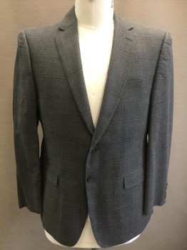 CALVIN KLEIN, Gray, Charcoal Gray, Lt Gray, Silk, Wool, Plaid-  Windowpane, Single Breasted, 2 Buttons,  3 Pockets, Notched Lapel, Hand Picked Lapel