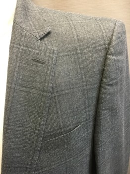 CALVIN KLEIN, Gray, Charcoal Gray, Lt Gray, Silk, Wool, Plaid-  Windowpane, Single Breasted, 2 Buttons,  3 Pockets, Notched Lapel, Hand Picked Lapel