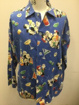 Mens, Sleepwear PJ Top, NICK & NORA, French Blue, Multi-color, Cotton, Novelty Pattern, Human Figure, L, French Blue with Colorful Novelty People Having Cocktails Pattern, Flannel, Long Sleeves, Button Front, Collar Attached, 2 Patch Pockets at Hips