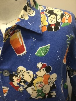Mens, Sleepwear PJ Top, NICK & NORA, French Blue, Multi-color, Cotton, Novelty Pattern, Human Figure, L, French Blue with Colorful Novelty People Having Cocktails Pattern, Flannel, Long Sleeves, Button Front, Collar Attached, 2 Patch Pockets at Hips