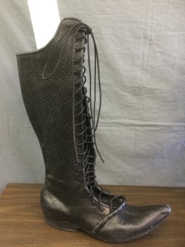 Mens, Sci-Fi/Fantasy Boots , MTO, Black, Leather, Solid, 11, Basketweave Texture, Lace Up, Pointy Elf-ish Turned Up Toe, Diagonal Leather Wrapped Braid Across Arch