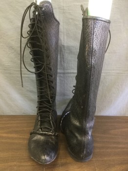 Mens, Sci-Fi/Fantasy Boots , MTO, Black, Leather, Solid, 11, Basketweave Texture, Lace Up, Pointy Elf-ish Turned Up Toe, Diagonal Leather Wrapped Braid Across Arch