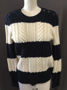 J CREW, Navy Blue, Cream, Wool, Stripes, Cable Knit, Crew Neck, Shoulder Buttons, Chain Knit/cable Knit, Etc
