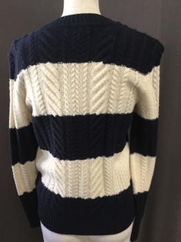 J CREW, Navy Blue, Cream, Wool, Stripes, Cable Knit, Crew Neck, Shoulder Buttons, Chain Knit/cable Knit, Etc