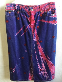 BETSY JOHNSON, Purple, Red, Pink, Cotton, Abstract , Tie-dye, Light Weight Denim, with Red Sequins & Beads Flower Work, 1.5" Waist Band, Jean Cut, Zip Front, 11" Split Center Front Bottom