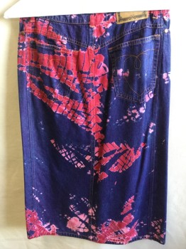 BETSY JOHNSON, Purple, Red, Pink, Cotton, Abstract , Tie-dye, Light Weight Denim, with Red Sequins & Beads Flower Work, 1.5" Waist Band, Jean Cut, Zip Front, 11" Split Center Front Bottom