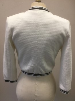 N/L, Ivory White, Black, Polyester, Cotton, Solid, Texture Knit, Zip Front, Princess Seams, Black Stripes on Collar/Waist/Cuffs