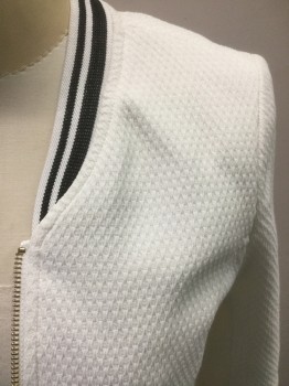 N/L, Ivory White, Black, Polyester, Cotton, Solid, Texture Knit, Zip Front, Princess Seams, Black Stripes on Collar/Waist/Cuffs