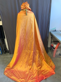 Womens, Sci-Fi/Fantasy Cape, MTO, Orange, Gold, Silk, Solid, O/S, Shimmer Gold/orange with Gold Ornate Ribbons Along Trim, Hood with Gold Short Cord. with Gold Ball & Fringe, Open  Front with Brown Shimmer Gold Cord-string with Tassel Tie Front, (**1 TASSEL is MISSING)