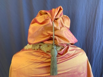 Womens, Sci-Fi/Fantasy Cape, MTO, Orange, Gold, Silk, Solid, O/S, Shimmer Gold/orange with Gold Ornate Ribbons Along Trim, Hood with Gold Short Cord. with Gold Ball & Fringe, Open  Front with Brown Shimmer Gold Cord-string with Tassel Tie Front, (**1 TASSEL is MISSING)