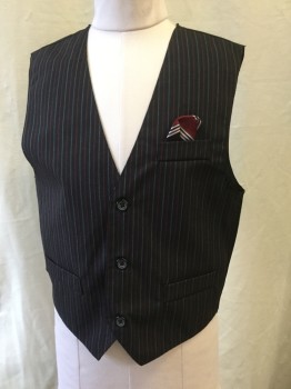 Childrens, Suit Piece 2, N/L, Black, Red, Gray, Polyester, Rayon, Stripes, 10, 3 Button Closure, 3 Pockets, Chest Pocket with Sewn in Pocket Square. Stripe Front/ Solid Black Back.