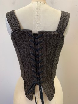Womens, Historical Fiction Bodice, PERIOD CORSETS, Brown, Cotton, Synthetic, Solid, W26, B34, Corset Bodice. Mouse Brown Homespun Chenille with Black Cotton Piping Trim. Black Lacing at Center Front, and Center Back, Adjustable Waist and Bust , Approx.S. 1700's