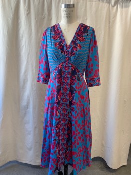 SALONI, Sky Blue, Hot Pink, Orange, Purple, Navy Blue, Silk, Floral, V-neck, Long Sleeve, Faux Covered Buttons on Front, Red Piping, Zip Back, Slit Front Hem, Ankle Length, Solid Blue Poly Lining 