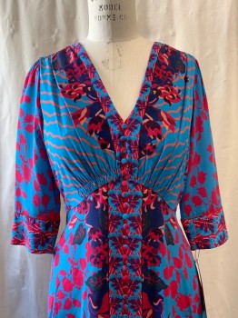 SALONI, Sky Blue, Hot Pink, Orange, Purple, Navy Blue, Silk, Floral, V-neck, Long Sleeve, Faux Covered Buttons on Front, Red Piping, Zip Back, Slit Front Hem, Ankle Length, Solid Blue Poly Lining 