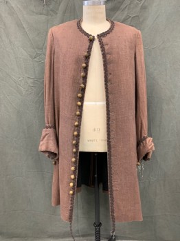 Mens, Historical Fiction Piece 1, MTO, Brown, Linen, Solid, Ch 40, Wooden Bead Button Front, Round Collar, Brown Wavy Passementerie Trim, 2 Faux Flap Pockets, with Wooden Bead Detail, 1 Wooden Bead Button on Wide Folded Back Cuff, Center Back Slit, 1700's Reproduction