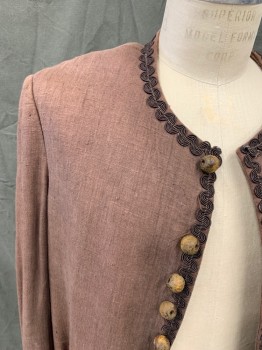 Mens, Historical Fiction Piece 1, MTO, Brown, Linen, Solid, Ch 40, Wooden Bead Button Front, Round Collar, Brown Wavy Passementerie Trim, 2 Faux Flap Pockets, with Wooden Bead Detail, 1 Wooden Bead Button on Wide Folded Back Cuff, Center Back Slit, 1700's Reproduction