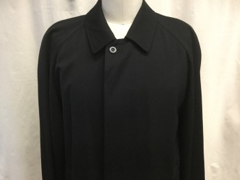 SANYO NY, Black, Polyester, Cotton, Solid, Single Breasted with Concealed Button closure, Spread Collar, 2 Side Entry Pockets, Long Sleeves, Back Vent,  Belted Cuffs, Below the Knee Length