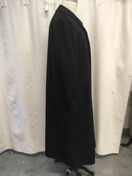 SANYO NY, Black, Polyester, Cotton, Solid, Single Breasted with Concealed Button closure, Spread Collar, 2 Side Entry Pockets, Long Sleeves, Back Vent,  Belted Cuffs, Below the Knee Length