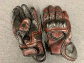 ALPINESTARS, Red Burgundy, Black, Leather, Color Blocking, Motorcycle Gloves, Padded, Plastic Knuckles, Velcro Wrists