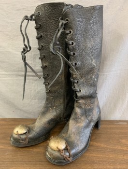 Womens, Sci-Fi/Fantasy Boots , N/L MTO, Black, Bronze Metallic, Brown, Leather, Metallic/Metal, M 7, W 9, Knee High, Pebbled Aged Leather, Lace Up with Leather Ties, Bronze Metal Round Plate at Toes, Side Zipper, 2" Chunky Heel