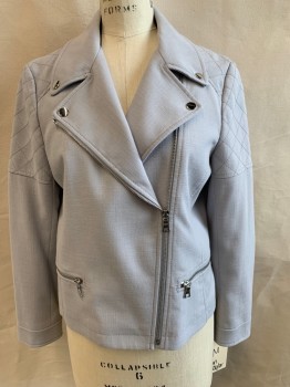 ANN TAYLOR, Lt Gray, Silver, Polyester, Nylon, Solid, Motorcycle Double Breasted Style, Zippers and Snaps, Quilting at Shoulders