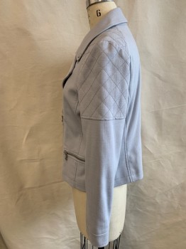 ANN TAYLOR, Lt Gray, Silver, Polyester, Nylon, Solid, Motorcycle Double Breasted Style, Zippers and Snaps, Quilting at Shoulders