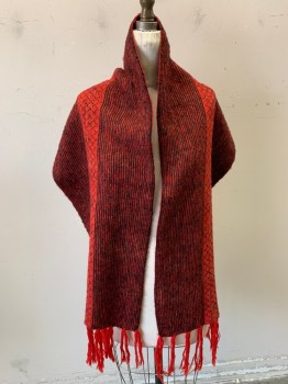 Womens, Shawl 1890s-1910s, N/L, Red, Black, Wool, Diamonds, Stripes, Red Tassels, Red Edges are Coming Loose See Detail Photo,