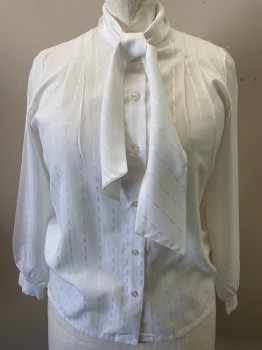 Womens, Blouse, LUCKY WINNER, White, Polyester, Solid, Stripes - Shadow, B:40, Jacquard Stripe, C.A. with Scarf Tie, B.F. with Pleats @ Shoulder, L/S