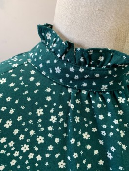 Womens, Blouse, LEVI'S, Forest Green, White, Polyester, Floral, S, Long Puffy Sleeves, High Neck with Ruffle, Pullover, Pleats at Shoulder Seam, Smocked Cuffs, 1 Button at Back Neck