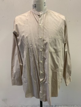 VENICE CUSTOM SHIRTS, Lt Brown, Brown, Cotton, Stripes - Pin, Long Sleeves, Button Front, Band Collar,  Top Button Hole Requires Stud (Not Included), 1 Patch Pocket,  Lightly Aged, Made To Order Reproduction