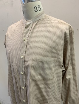 Mens, Historical Fiction Shirt, VENICE CUSTOM SHIRTS, Lt Brown, Brown, Cotton, Stripes - Pin, Slv:34, N:15, Long Sleeves, Button Front, Band Collar,  Top Button Hole Requires Stud (Not Included), 1 Patch Pocket,  Lightly Aged, Made To Order Reproduction