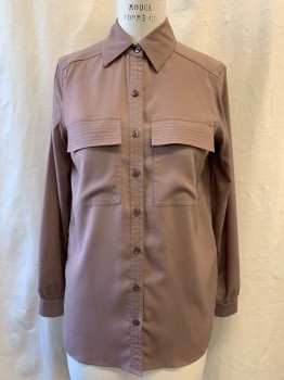 SPENCE, Dk Khaki Brn, Polyester, Solid, Collar Attached, Button Front, Long Sleeves