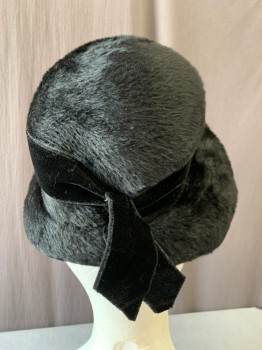 Womens, Hat, MR JOSEPH, Black, Wool, Cloche Hat, Faux Fur, Velvet Ribbon with Bow at Back, Wide Base at Front, Thinner at Back