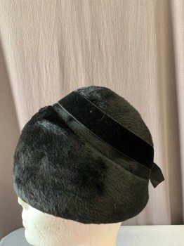 MR JOSEPH, Black, Wool, Cloche Hat, Faux Fur, Velvet Ribbon with Bow at Back, Wide Base at Front, Thinner at Back