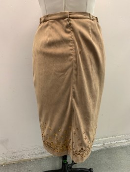 Womens, Skirt, NICOLE STUDIO, Tan Brown, Polyester, Spandex, Solid, W30-32, Sz.10, Faux Suede, 1" Wide Self Waistband, Self Embroidery at Hem, Straight Fit Along Hips, Elastic at Sides of Waist, Center Back Invisible Zipper,