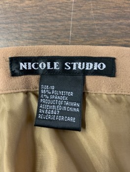 Womens, Skirt, NICOLE STUDIO, Tan Brown, Polyester, Spandex, Solid, W30-32, Sz.10, Faux Suede, 1" Wide Self Waistband, Self Embroidery at Hem, Straight Fit Along Hips, Elastic at Sides of Waist, Center Back Invisible Zipper,