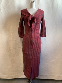 Womens, Dress, MTO, Red, Heather Gray, Wool, Stripes, W 24, B 32, H 32, Zip Front, 3/4 Sleeve, Sailor Collar with Pre-tied Bow Front, Center Front, Inverted Pleat Near Hem